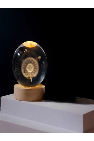 Ledli USB'li Ahşap Standlı Karahindiba Temalı Kristal Küre Gün Işığı 3D Oda Masa ve Gece Lambası - Resim 5