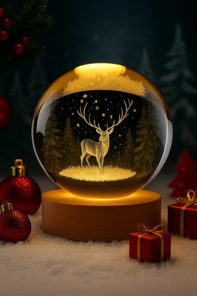 Ledli USB'li Ahşap Standlı Geyik Figürlü Temalı Kristal Küre Gün Işığı 3D Oda Masa ve Gece Lambası ürün görseli 1