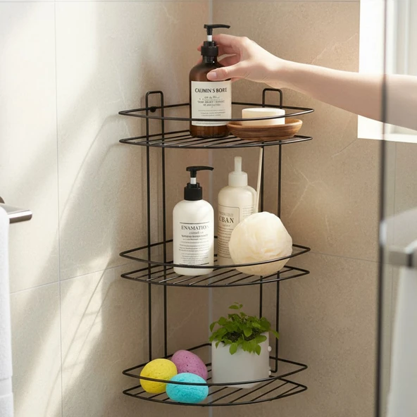Siyah Vidalı 3 Katlı Köşe Şampuanlık Duş Rafı Metal Banyo Organizeri Paslanmaz Şampuan Sabunluk - Resim 2