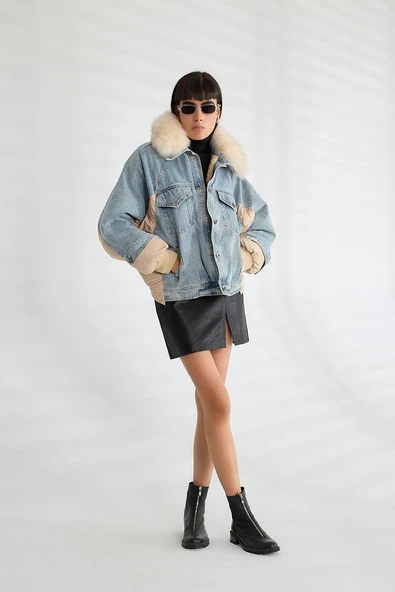 Kadın Kürk Yakalı Kot Ceket Şişme Puffer Detaylı Oversize Kışlık Denim Mont - Resim 2