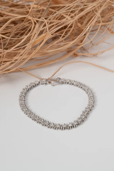 925 ayar gümüş rodyumlu marquise (MARKİZ) kesim zirkon taşlı ışıltı seli gümüş bileklik SGTL13069BEYAZ - Resim 4