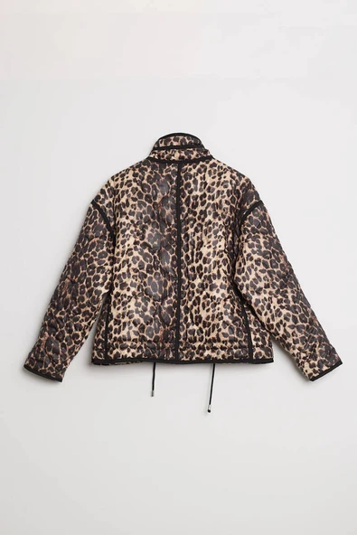 Kadın Leopar Desenli Kapitone Crop Şişme Mont Dik Yaka Kısa Kışlık Puffer Ceket - Resim 8