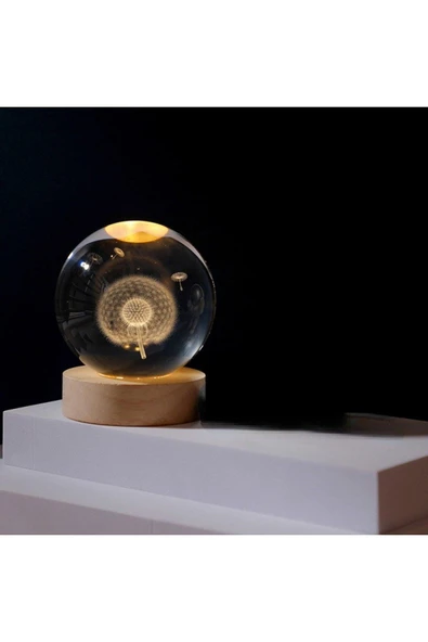 Ledli USB'li Ahşap Standlı Karahindiba Temalı Kristal Küre Gün Işığı 3D Oda Masa ve Gece Lambası - Resim 4