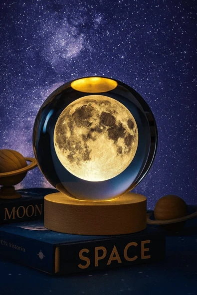 Ledli USB'li Ahşap Standlı Dolunay Küre Temalı Kristal Ay Küre Renkli RGB 3D Oda Masa Gece Lambası - Resim 4