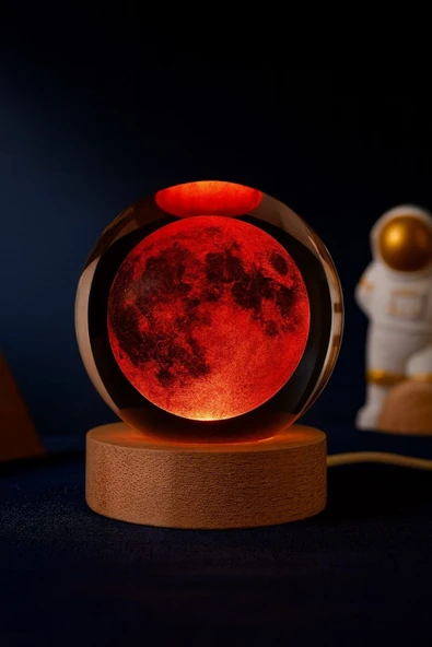 Ledli USB'li Ahşap Standlı Dolunay Küre Temalı Kristal Ay Küre Renkli RGB 3D Oda Masa Gece Lambası - Resim 2