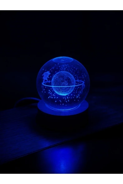 Ledli USB'li Ahşap Standlı Satürn Kız Temalı Kristal Küre Renkli RGB Led 3D Oda Masa ve Gece Lambası - Resim 6