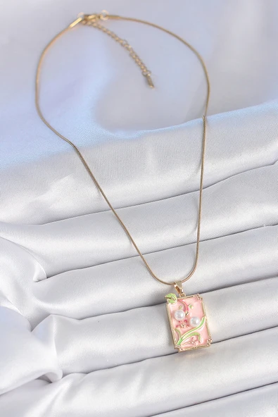 316L Çelik Gold Renk Zincir Pembe Mineli İncli Çiçek İşlemeli Portre Model Kadın Kolye - TJ-BKO10193 - 2