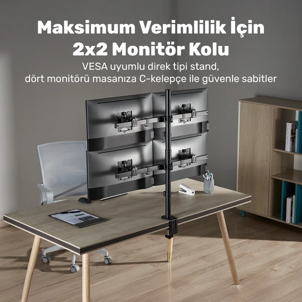 NPO STD5704B Basic 17"-32" VESA Yükseklik/Genişlik Ayarlı Kablo Yönetimli Dörtlü Monitör Tutucu - Resim 3