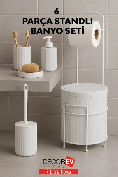 Decorev 6 Parça Metal Standlı Banyo Seti – 7 Litre Çöp Kovası, Tuvalet Kağıtlığı, Sabunluk, Fırçalık ve Sıvı Sabunluk DC-6762 - Resim 2