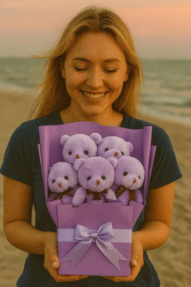 5’li Sevimli Mor Peluş Ayıcıklar Buketi Sevgiliye Doğum Günü Özel Günler İçin Romantik Sürprz Hediye - Resim 2