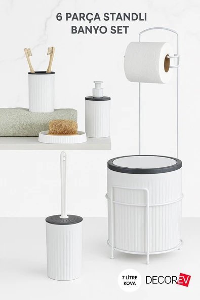 Decorev 6 Parça Standlı Banyo Seti – 7 Litre Çöp Kovası, Tuvalet Kağıtlığı, Sabunluk, Fırçalık Banyo Takımı ürün görseli