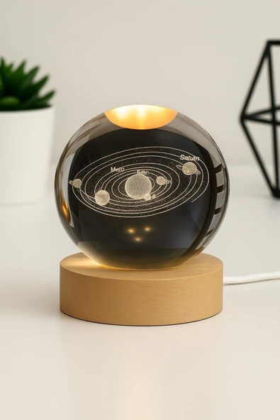Ledli USB'li Ahşap Standlı Güneş Sistemi Küre Temalı Kristal Renkli RGB 3D Oda Masa ve Gece Lambası - 8