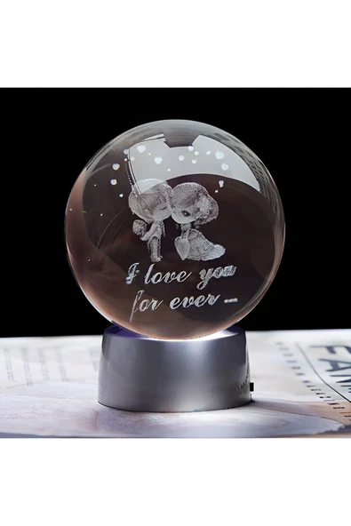 Ledli USB'li Plastik Standlı Sevgili Çiftler I Love You Forever Kristal Küre Renkli RGB Led 3D Lamba - Resim 3