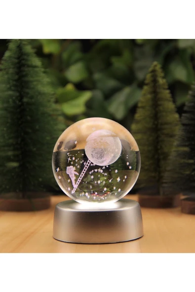 Ledli USB'li Plastik Standlı Merdivenle Aya Çıkan Astronot Temalı Küre Renkli RGB 3D Oda Gece Lamba - Resim 4