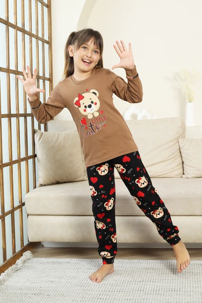 Kız Çocuk Ayıcık Baskılı %100 Pamuk İnterlok Kumaş Pijama Takımı 12347 - Resim 4