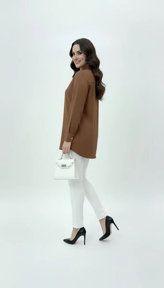 Kadın Büyük Beden Uzun Kollu Önde Ara Biye Detaylı Dökümlü Kumaş Gömlek 1991 - 7