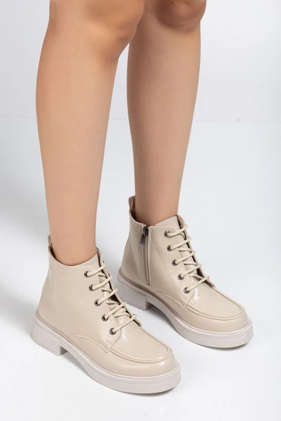 02-2001 Bej Kırışık Rugan Bağcıklı Fermuarlı Günlük Kadın Bot - 3