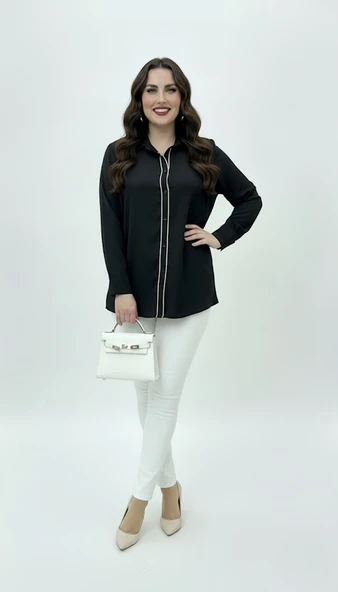 Kadın Büyük Beden Uzun Kollu Önde Ara Biye Detaylı Dökümlü Kumaş Gömlek 1991 - 2