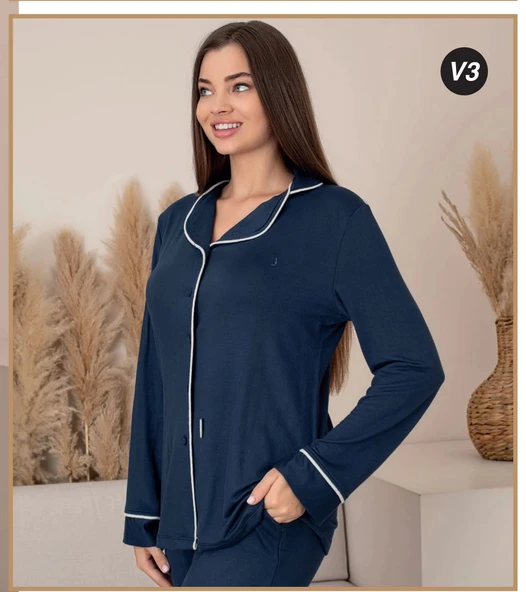 Limissi Önden Düğmeli Kadın Pijaması acivert Renk 26611 - Resim 3