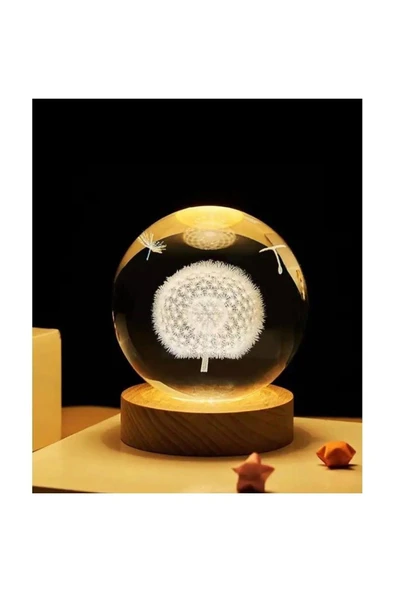 Ledli USB'li Ahşap Standlı Karahindiba Temalı Kristal Küre Renkli RGB LED 3D Oda Masa Gece Lambası - Resim 3