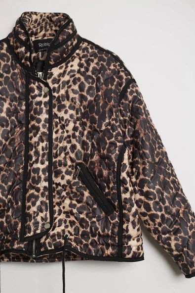 Kadın Leopar Desenli Kapitone Crop Şişme Mont Dik Yaka Kısa Kışlık Puffer Ceket - Resim 7