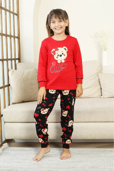 Kız Çocuk Ayıcık Baskılı %100 Pamuk İnterlok Kumaş Pijama Takımı 12347 - Resim 7