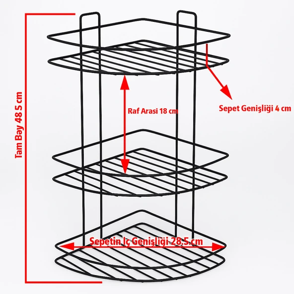 Siyah Vidalı 3 Katlı Köşe Şampuanlık Duş Rafı Metal Banyo Organizeri Paslanmaz Şampuan Sabunluk - Resim 3