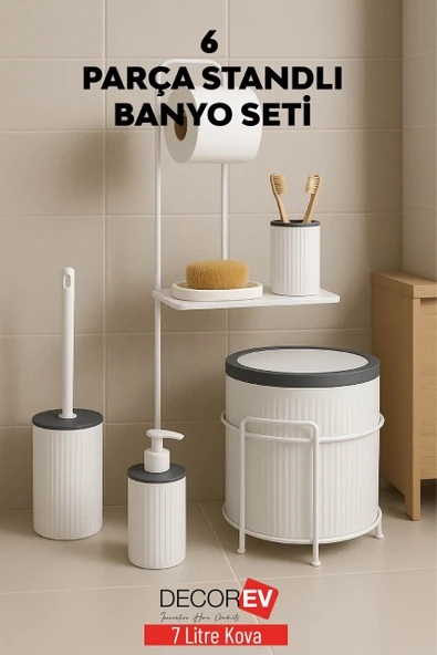 Decorev 6 Parça Standlı Banyo Seti – 7 Litre Çöp Kovası, Tuvalet Kağıtlığı, Sabunluk, Fırçalık Banyo Takımı - Resim 3