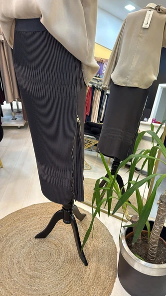 Misswhence Piliseli Yandan Fermuarlı Etek ANTRASİT 38921 - Resim 6