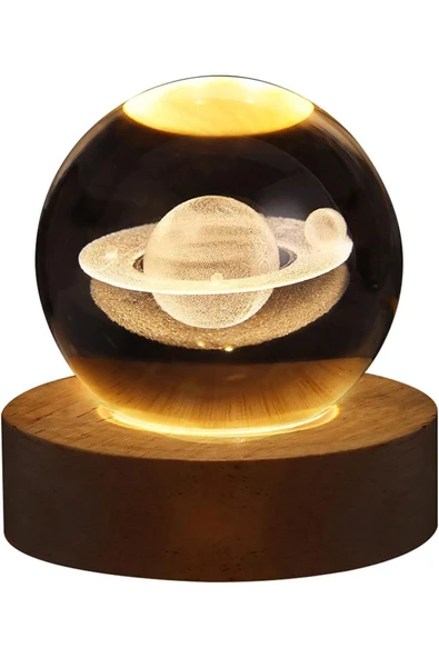 Ledli USB'li Ahşap Standlı Satürn Küre Temalı Kristal Küre Gün Işığı 3D Oda Masa ve Gece Lambası - Resim 5