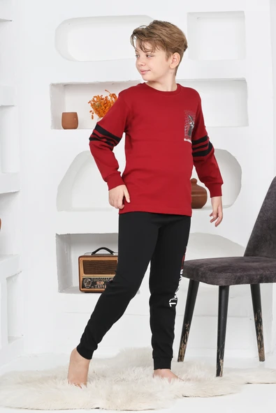 Erkek Çocuk Arkası Baskılı %100 Pamuk İnterlok Kumaş Pijama Takımı 12348 - Resim 2