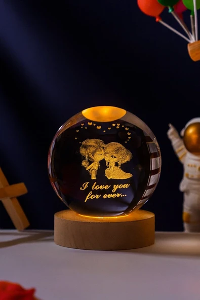 Ledli USB'li Ahşap Standlı Sevgili Çiftler I Love You Forever Temalı Kristal Küre Gün Işığı 3D Lamba ürün görseli 1