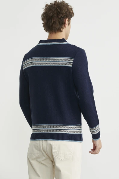 Polo Yaka Kilim Motifli Triko Kazak - Lacivert - Resim 5