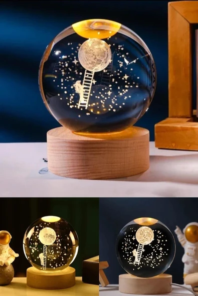 Ledli USB'li Ahşap Standlı Merdivenle Aya Çıkan Astronot Temalı Küre Gün Işığı 3D Oda Gece Lambası - Resim 4