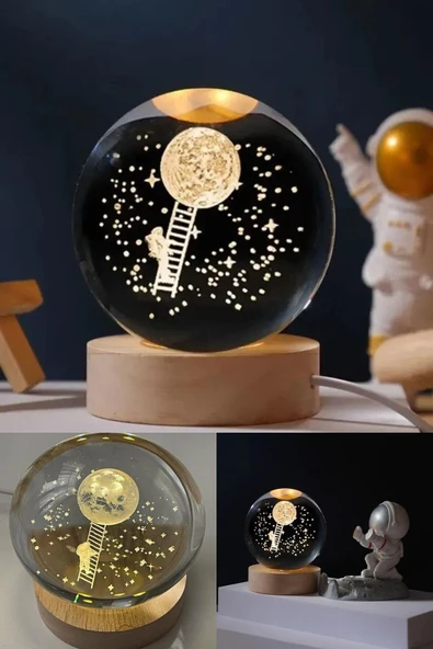 Ledli USB'li Ahşap Standlı Merdivenle Aya Çıkan Astronot Temalı Küre Gün Işığı 3D Oda Gece Lambası - Resim 3