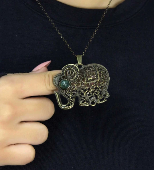 Doğal Taş Yeşil Akik Doğal Taşlı Fil Modelli Antik Kadın Kolye euk43ya ürün görseli