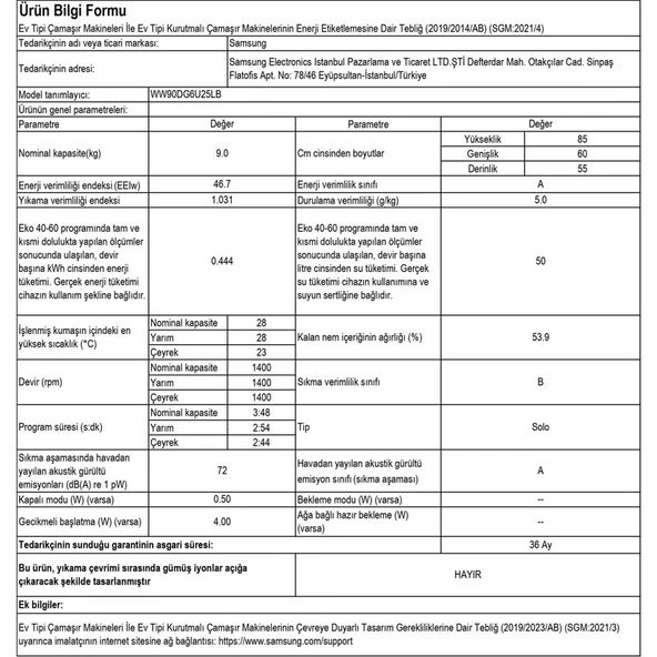 Samsung WW90DG6U25LBAH A Enerji Sınıfı 9 kg 1400 Devir Siyah Çamaşır Makinesi - 5