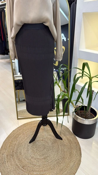 Misswhence Piliseli Yandan Fermuarlı Etek ANTRASİT 38921 - Resim 5