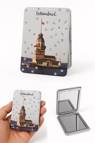 Anılarla Dolu İstanbul Hatırası Işıltılı Taşlı Kız Kulesi Temalı Katlanabilir Mini Makyaj Cep Aynası ürün görseli 1