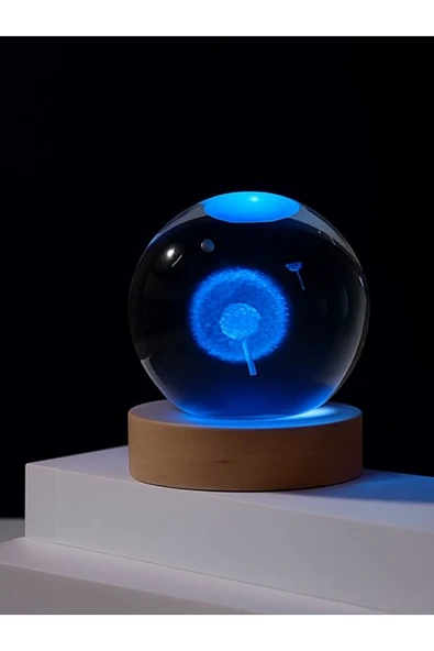 Ledli USB'li Ahşap Standlı Karahindiba Temalı Kristal Küre Renkli RGB LED 3D Oda Masa Gece Lambası ürün görseli 1