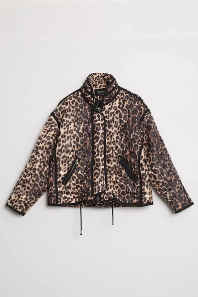 Kadın Leopar Desenli Kapitone Crop Şişme Mont Dik Yaka Kısa Kışlık Puffer Ceket - Resim 6