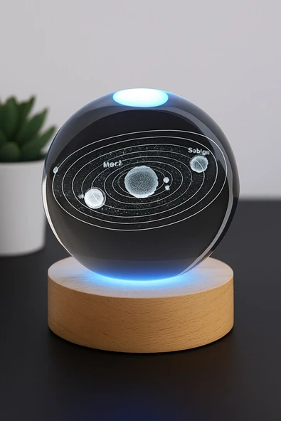 Ledli USB'li Ahşap Standlı Güneş Sistemi Küre Temalı Kristal Renkli RGB 3D Oda Masa ve Gece Lambası - 3