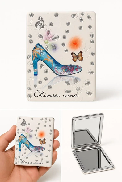 Tarzınıza Işıltı Katın Taşlı Kelebek Ayakkabı Motifli Moda Zarafet Şık Tasarımlı Cep Makyaj Aynası - Resim 2