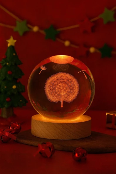 Ledli USB'li Ahşap Standlı Karahindiba Temalı Kristal Küre Gün Işığı 3D Oda Masa ve Gece Lambası - Resim 2