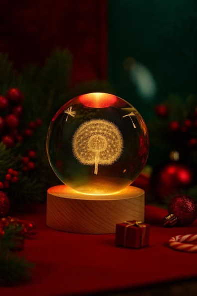 Ledli USB'li Ahşap Standlı Karahindiba Temalı Kristal Küre Gün Işığı 3D Oda Masa ve Gece Lambası ürün görseli 1