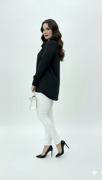 Kadın Büyük Beden Uzun Kollu Önde Ara Biye Detaylı Dökümlü Kumaş Gömlek 1991 - 3