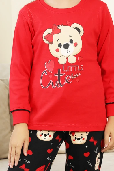 Kız Çocuk Ayıcık Baskılı %100 Pamuk İnterlok Kumaş Pijama Takımı 12347 - Resim 8