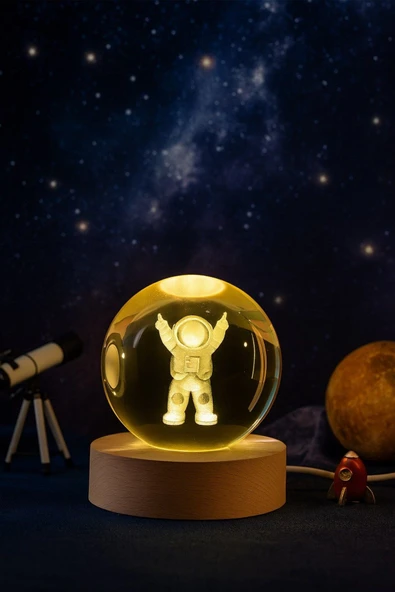Ledli USB'li Ahşap Standlı Astronot Küre Temalı Kristal Küre Gün Işığı 3D Oda Masa ve Gece Lambası ürün görseli 1