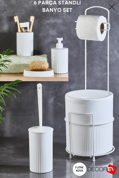 Decorev 6 Parça Metal Standlı Banyo Seti – 7 Litre Çöp Kovası, Tuvalet Kağıtlığı, Sabunluk, Fırçalık ve Sıvı Sabunluk DC-6762 ürün görseli