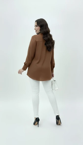 Kadın Büyük Beden Uzun Kollu Önde Ara Biye Detaylı Dökümlü Kumaş Gömlek 1991 - 8